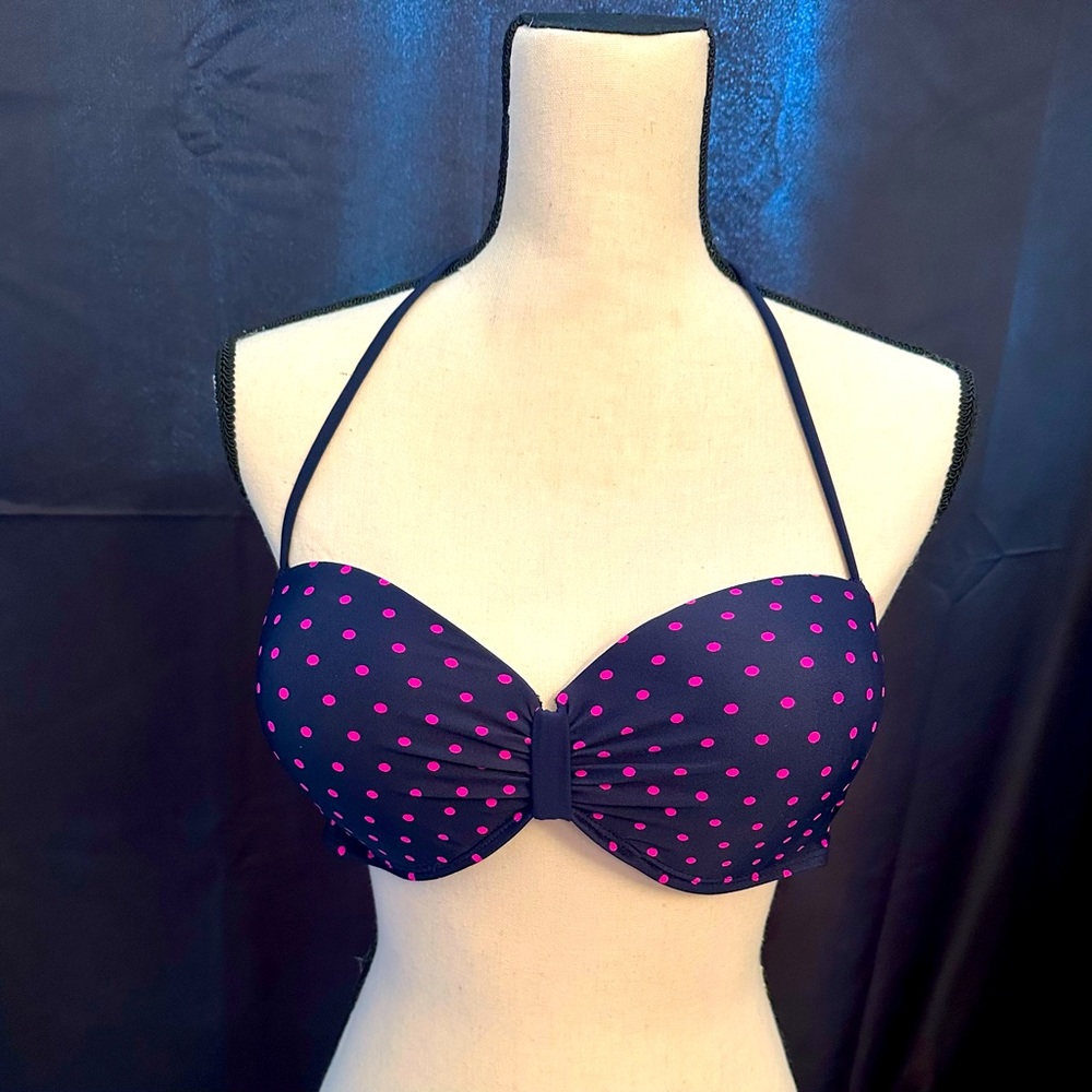 NWOT GapBody Swim Top, Size L, Navy Blue & Bright Fuchsia Polka Dot